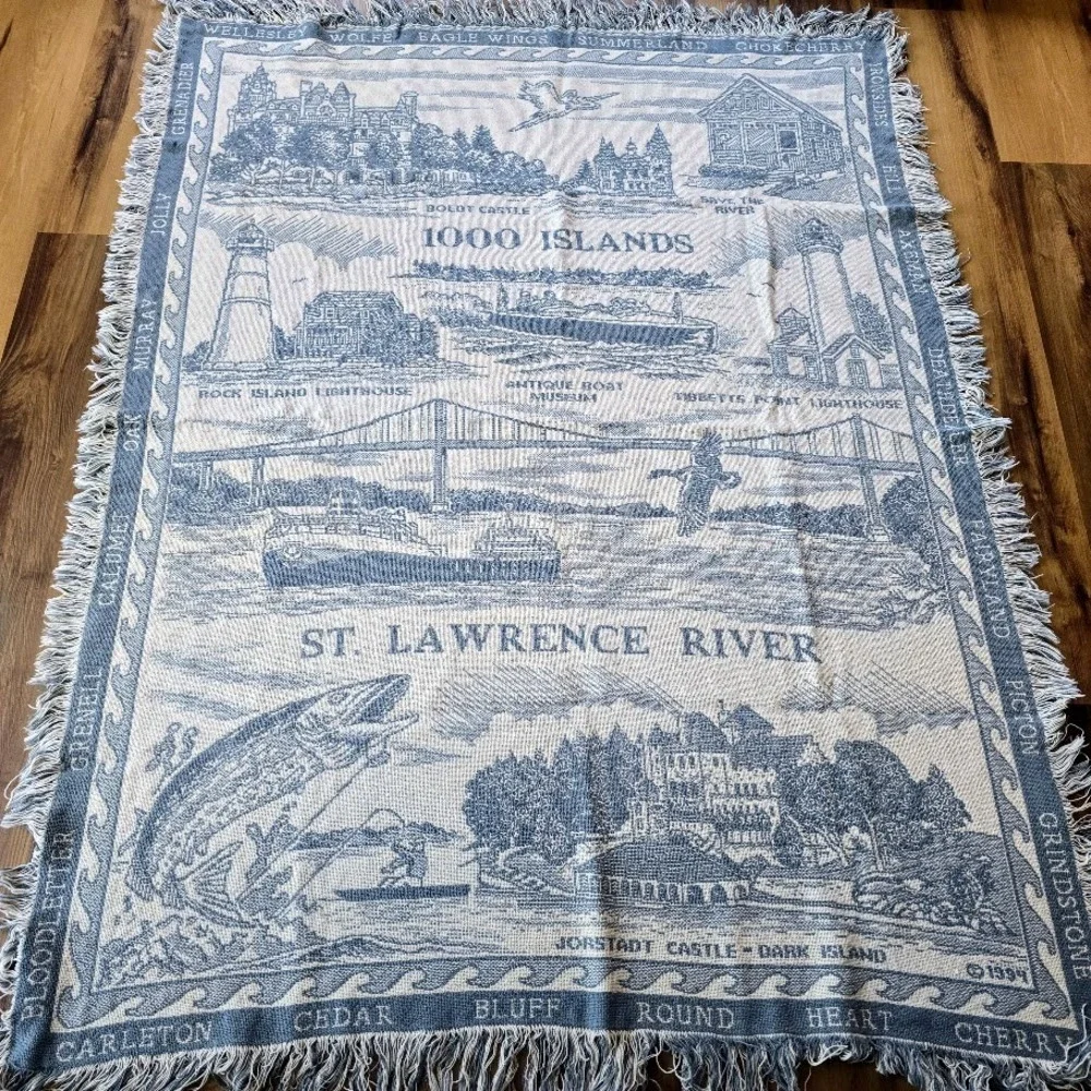 Vintage 1994‎ Blue 1000 Islands Woven Tapestry Throw Blanket St. Lawrence River